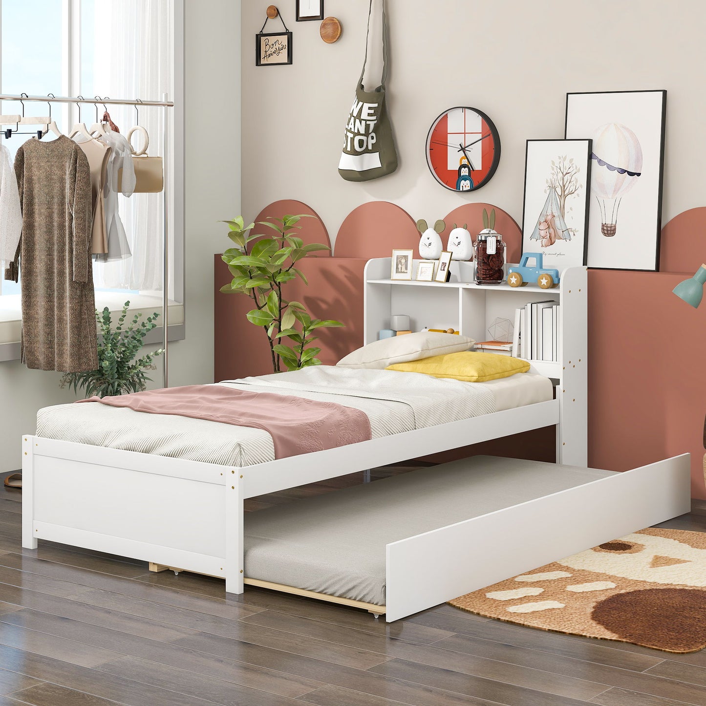 Twin Bed With Trundle, Bookcase - White