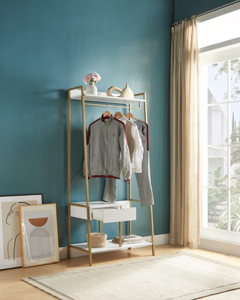 Metal Clothes Rack Open Wardrobe Free Standing With One Drawer Hanging Clothes Rod - White / Gold Metal