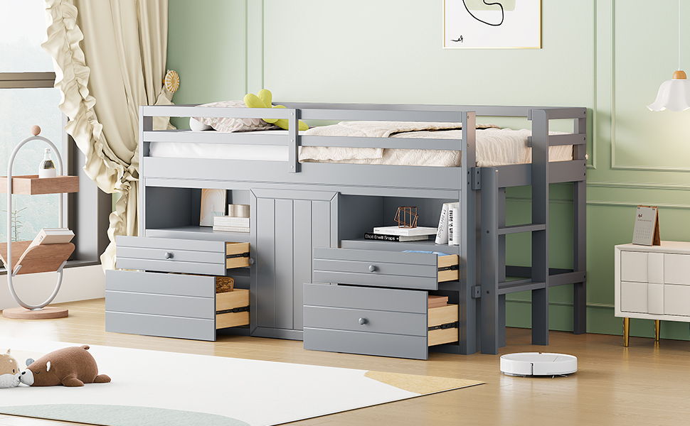 Twin Size Loft Bed With 4 Drawers, Underneath Cabinet And Shelves - Gray