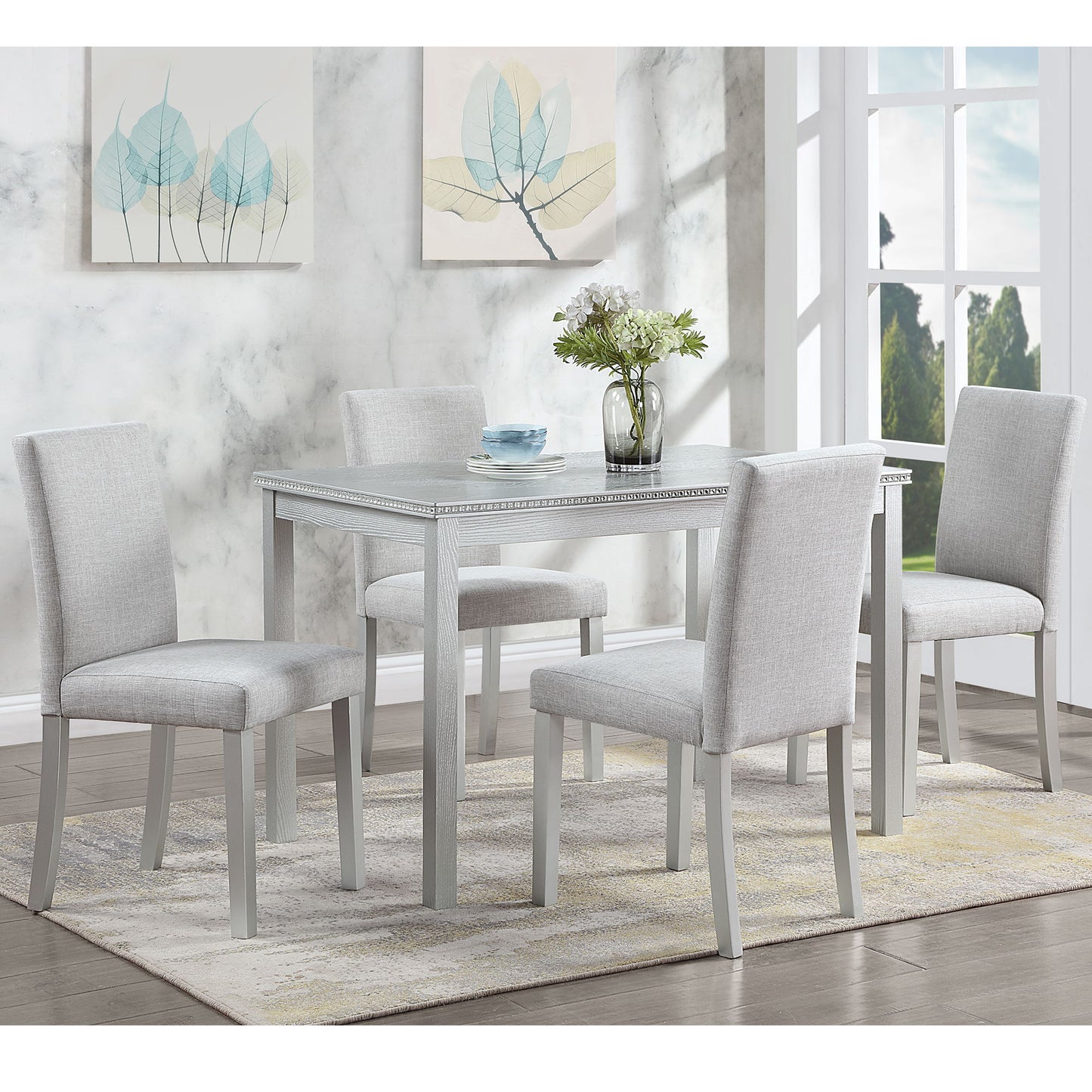 5 Piece Wooden Dining Table Set, Kitchen Table Set With A Rectangular Table And 4 Upholstered Chairs, Wooden Dining Room Table With Crystal Decoration And Chairs Set - Silver Gray