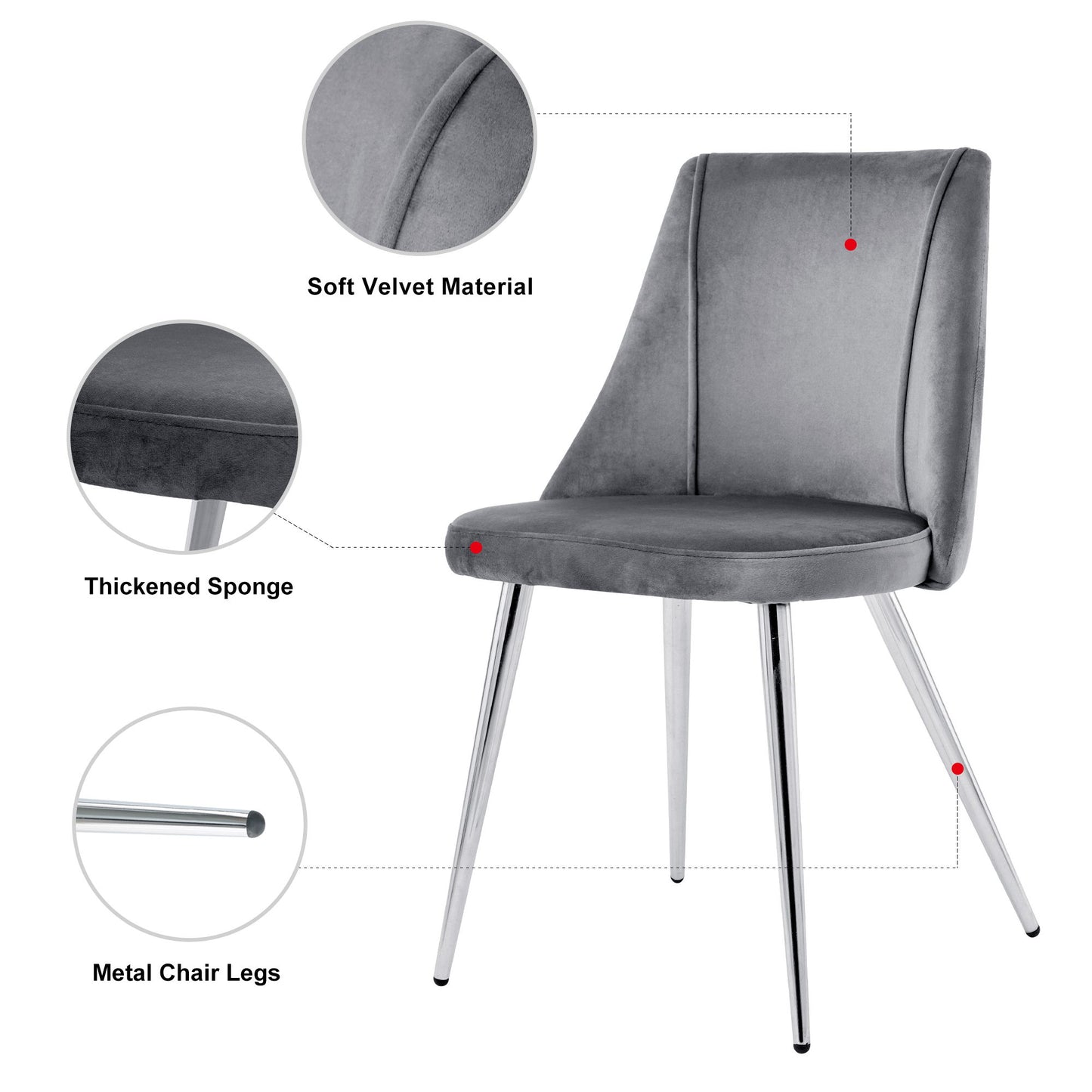 Modern Velvet Dining Chairs, Upholstered Accent Chairs With Chrome Legs For Home And Kitchen - Gray