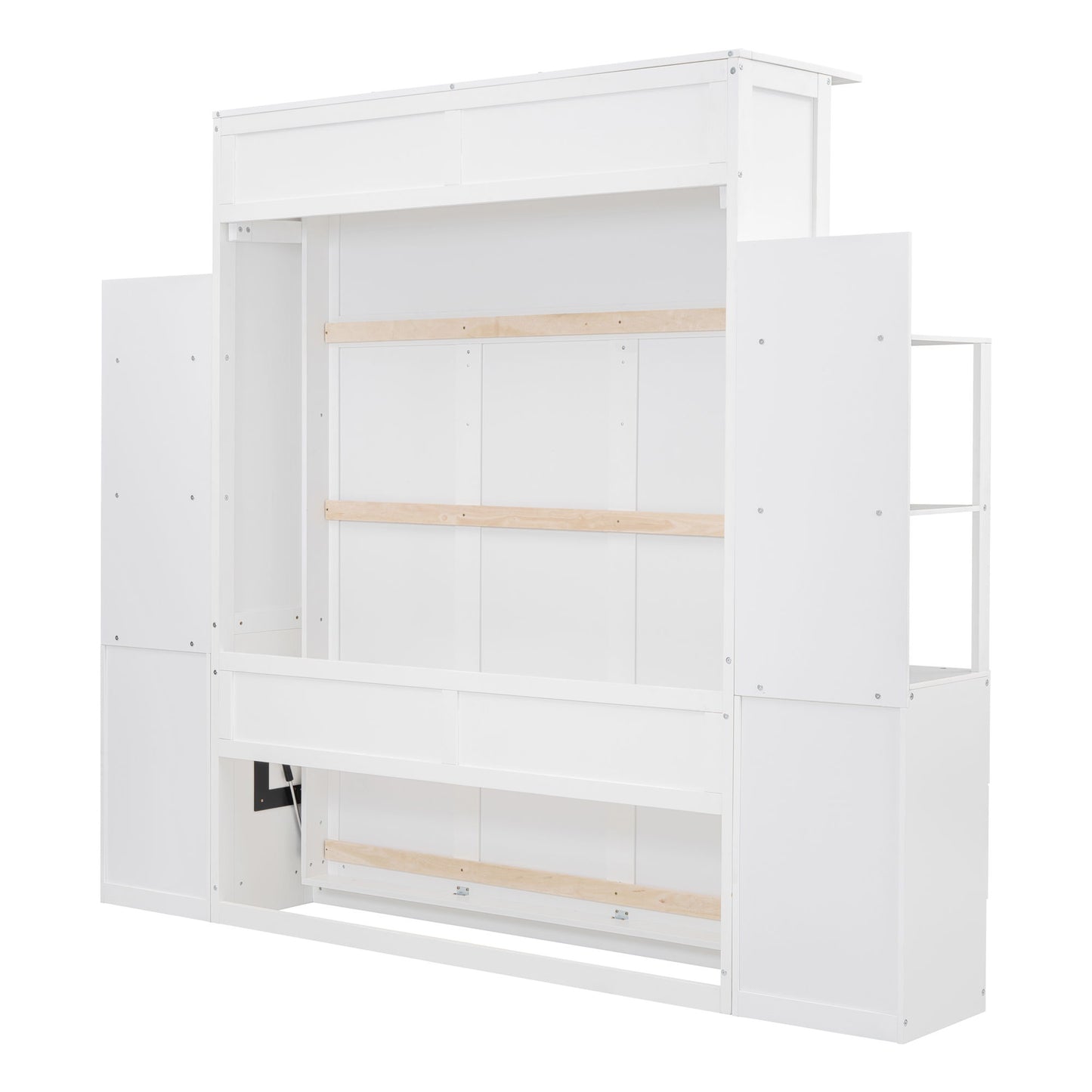 Queen Size Murphy Wall Bed With Shelves, Drawers And LED Lights - White