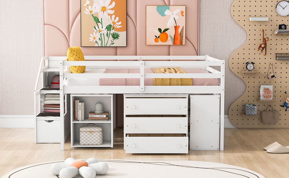 Full Size Loft Bed With Retractable Writing Desk And 3 Drawers With Storage Stairs And Shelves - White