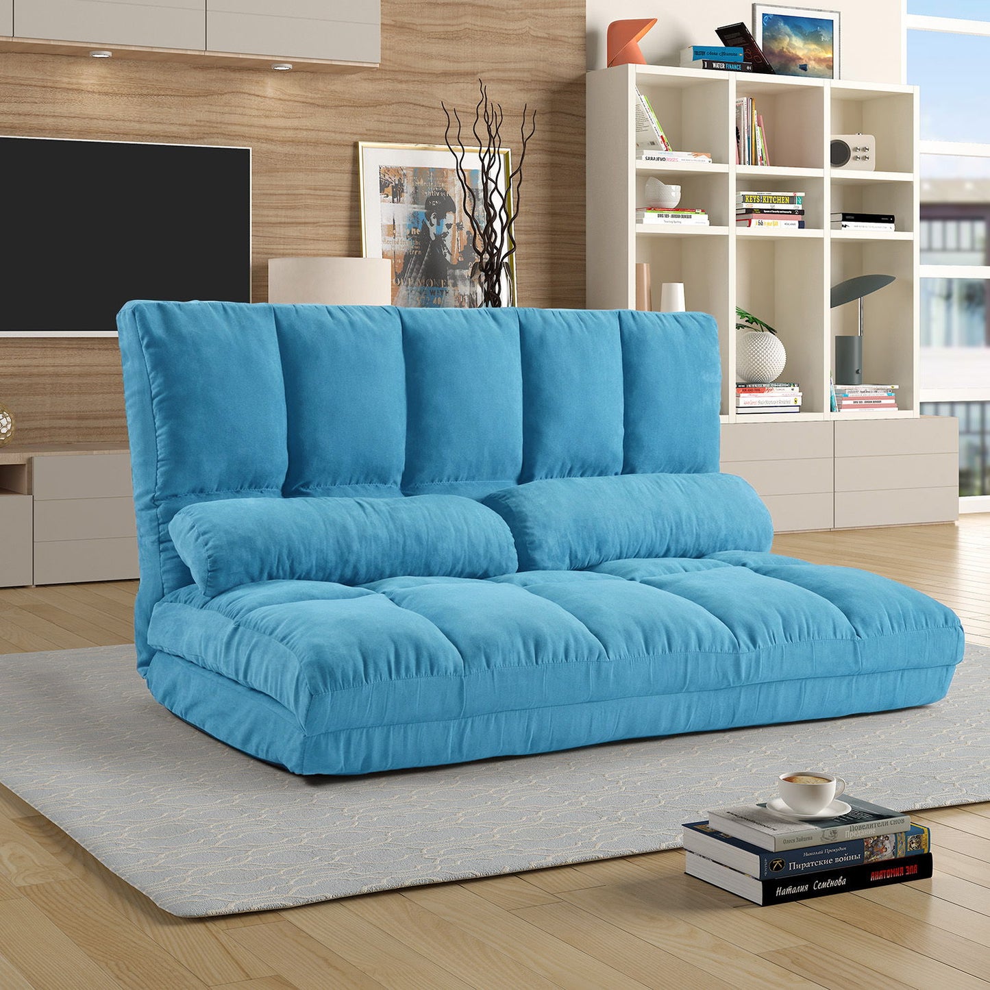 Double Chaise Lounge Sofa Floor Couch And Sofa With Two Pillows - Blue