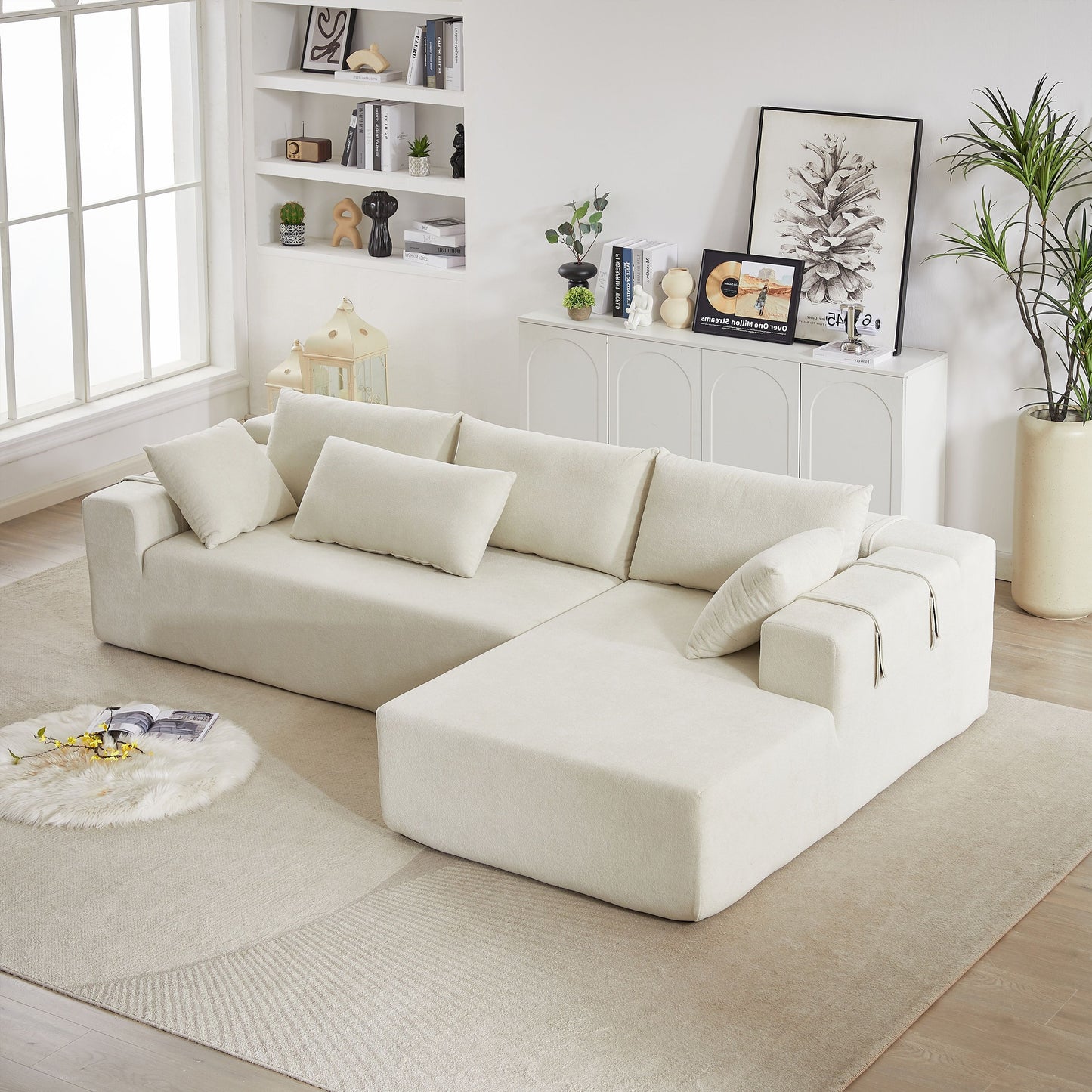 Modern Chenille Upholstered Sectional Sofa Couch Set, Modular L Shaped Sectional Living Room Sofa Set & 6 Pillows, Free Combination - Beige