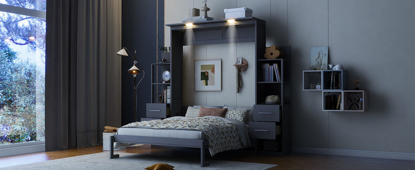 Queen Size Murphy Wall Bed With Shelves, Drawers And LED Lights - Gray