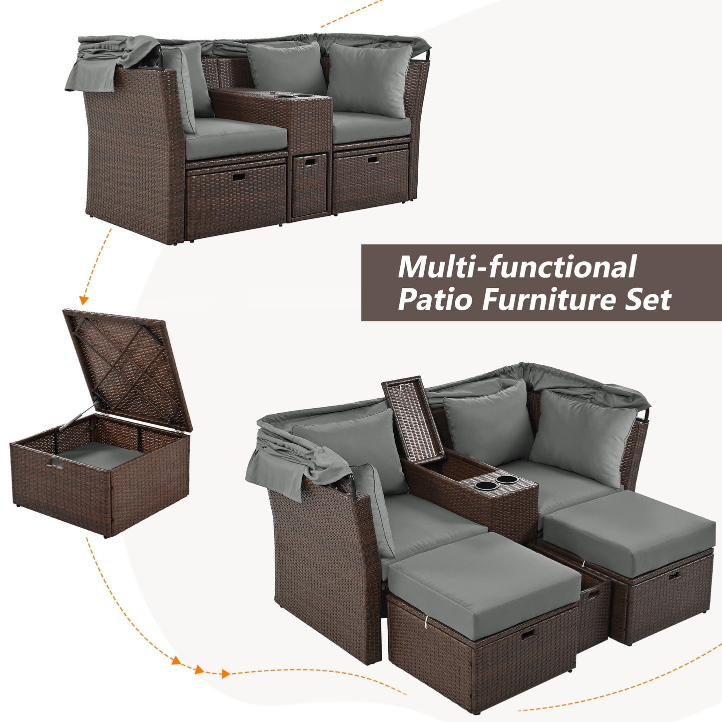 2 Seater Outdoor Patio Daybed Outdoor Double Daybed Outdoor Loveseat Sofa Set With Foldable Awning And Cushions For Garden, Balcony, Poolside - Gray