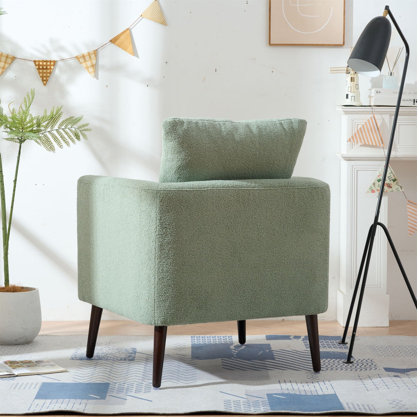 Modern Accent Chair, Upholstered Armchair For Living Room, Mid Century Fabric Lounge Chair With Pillow, Comfortable Reading Chair With Wood Legs For Living Room, Reception Room - Light Green