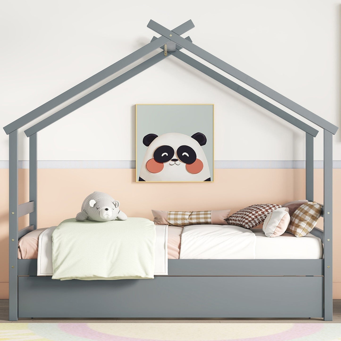 Twin Size House-Shaped Bed With Trundle - Gray