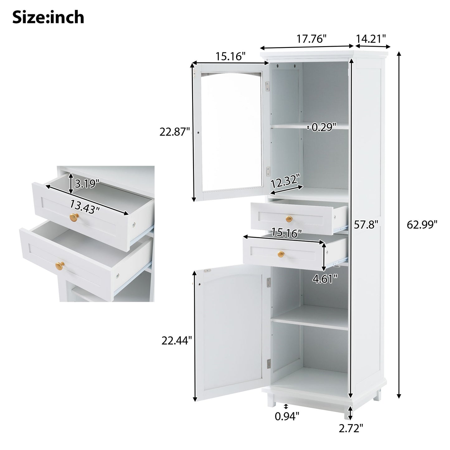 Tall Bathroom Storage Cabinet With Glass Doors, Free-Standing, Two Drawers, And Adjustable Shelves, MDF Board, Painted Perfect For Displaying Your Favorite Items - White