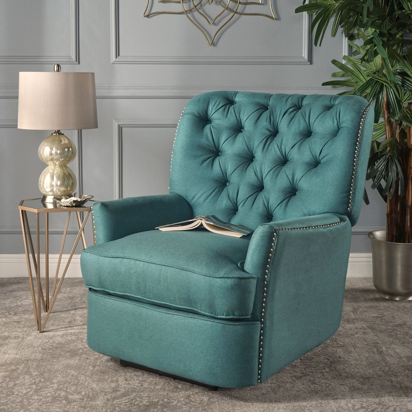 Electric Recliner Chair With Elegant Copper Accents And Soft Upholstery - Teal