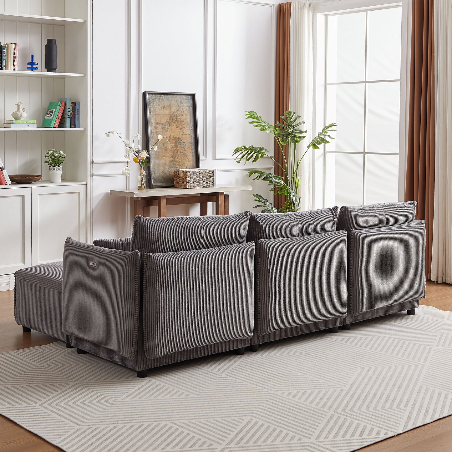 Multi Module Combination Style Sofa For Living Room And Other Lounge Spaces, Modern Minimalist Corduroy Combination Sofa With 2 Comfort Cushions With USB & C Charging Ports - Gray
