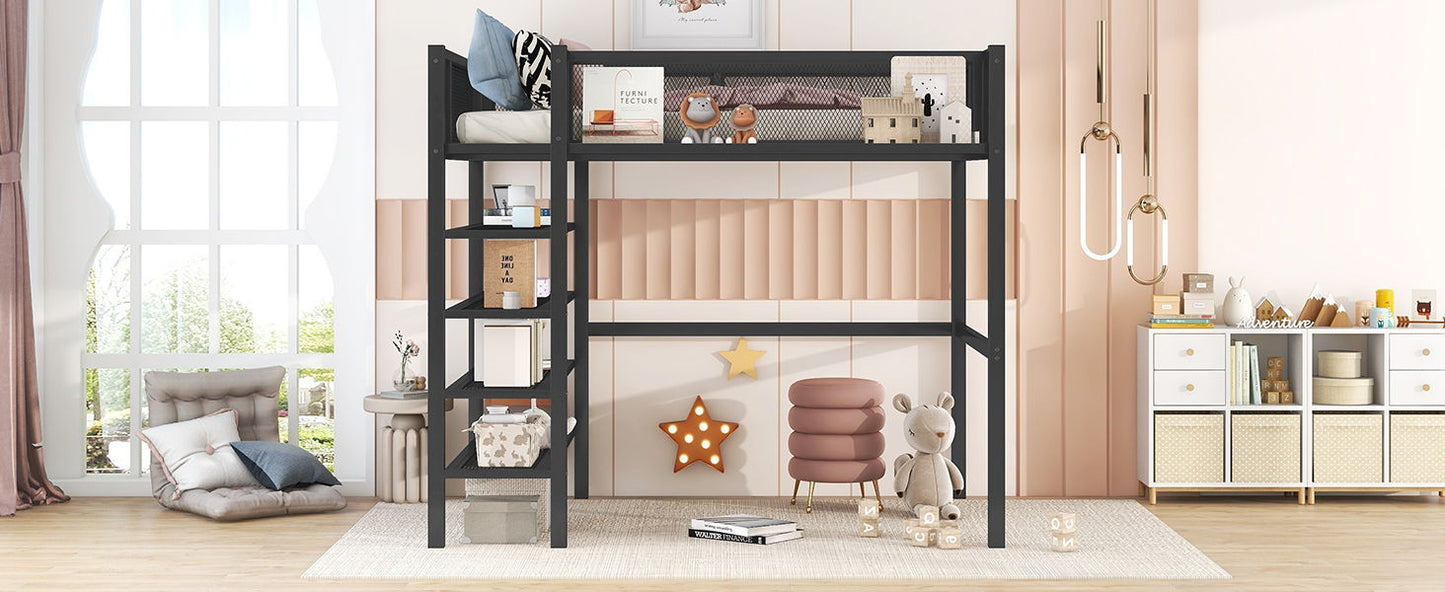Twin Size Loft Bed With 4 Tier Shelves And Storage - Black
