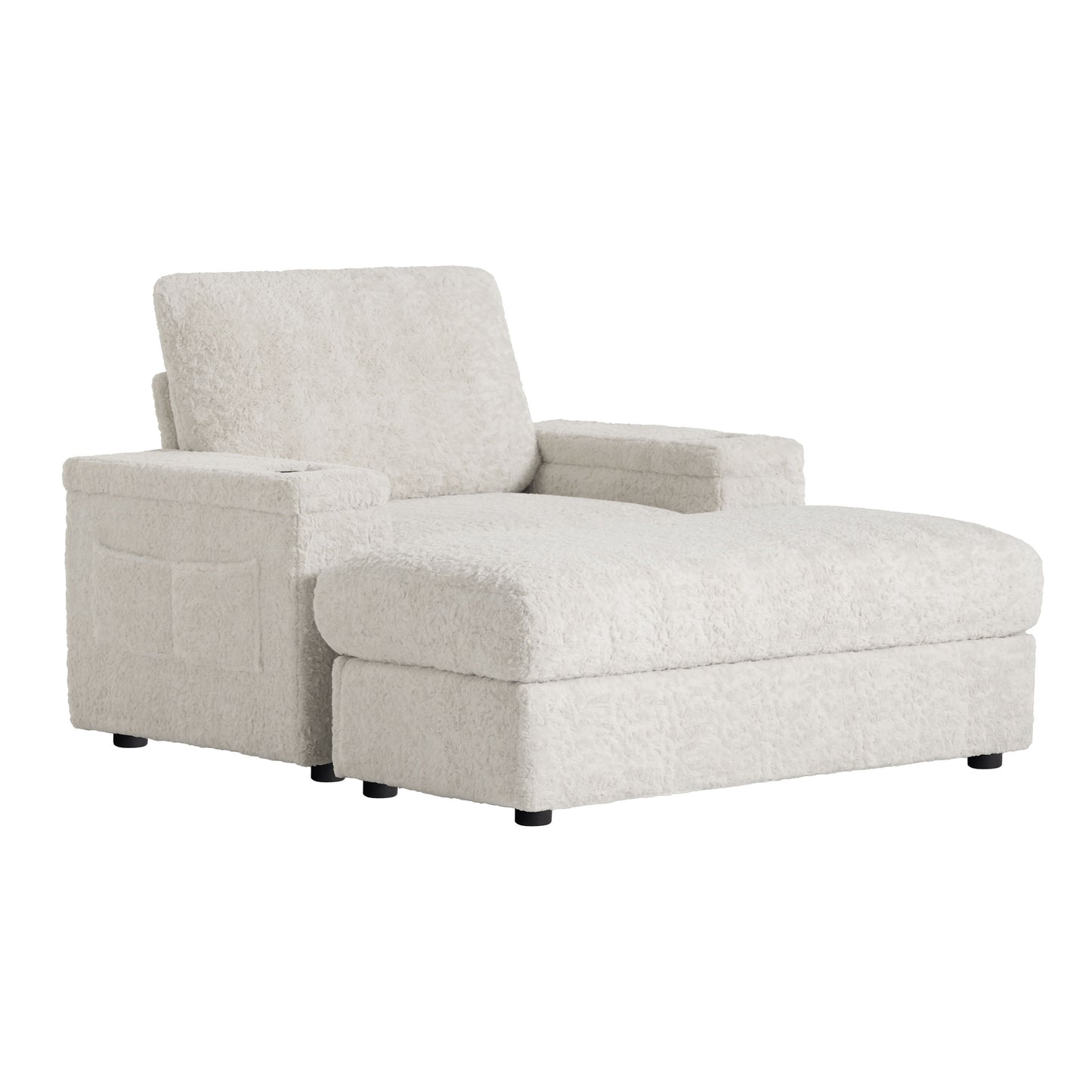 Oversized Chaise Lounge Indoor Rabbit Fur Sofa Bed With Storage Ottoman And Armrests Cup Holders With Deep Seat - Beige