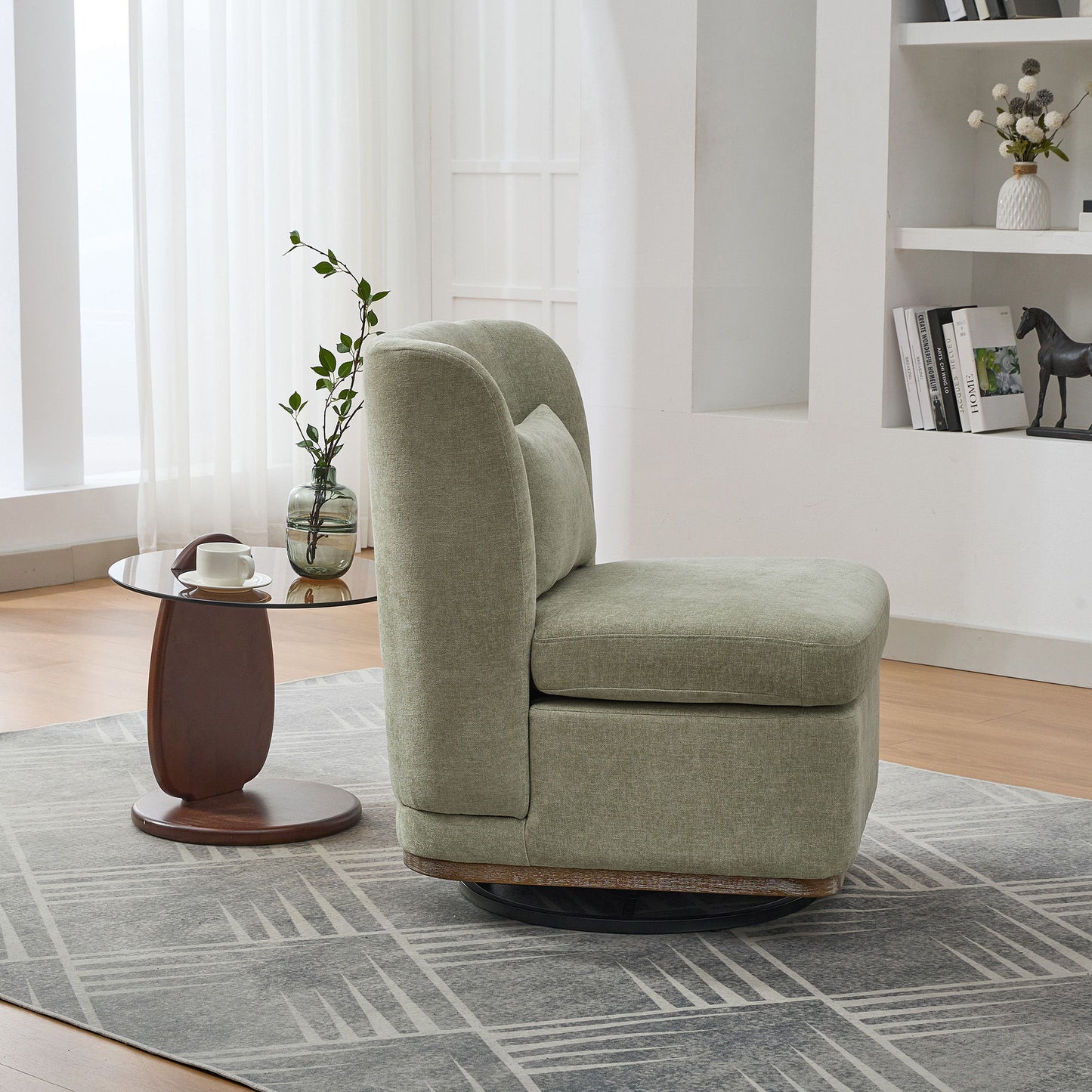 Modern Cushioned Armless Metal Base 360 Degree Swivel Chair With Pillow, Suitable For Living Room, Family Room, Bedroom, Lounge Area, Office Pale - Green
