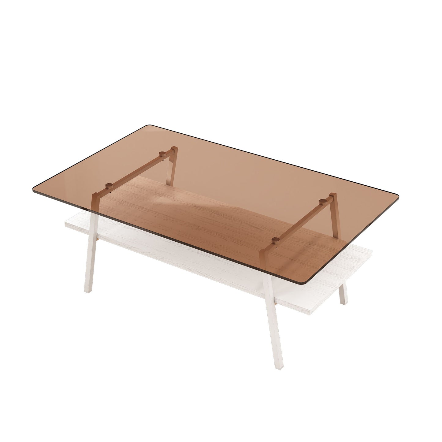 Rectangle Coffee Table, Tempered Glass Tabletop With White Metal Legs, Modern Table For Living Room - Brown / White