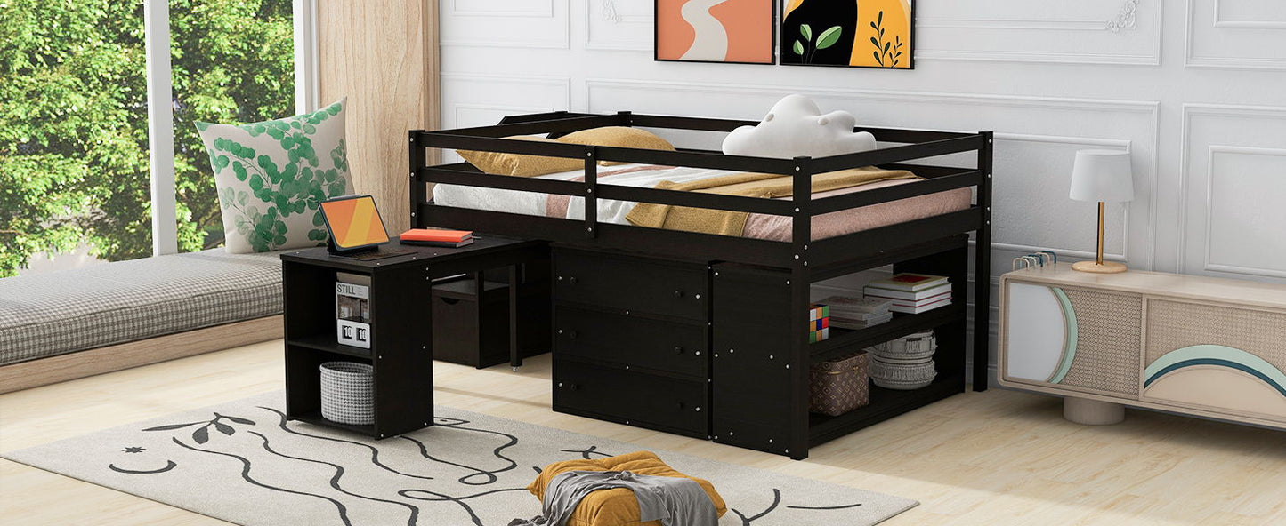 Full Size Loft Bed With Retractable Writing Desk And 3 Drawers With Storage Stairs And Shelves - Espresso