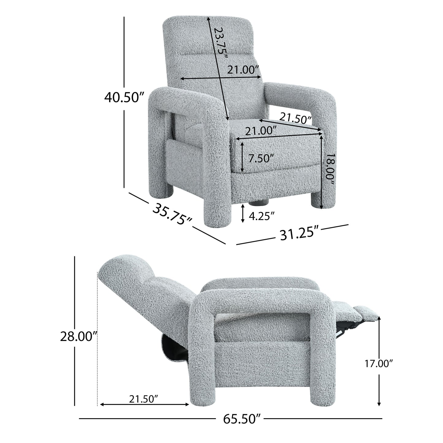 Push Back Recliner Armchair Upholstered Single Sofa With Adjustable Backrest For Living Room - Light Gray