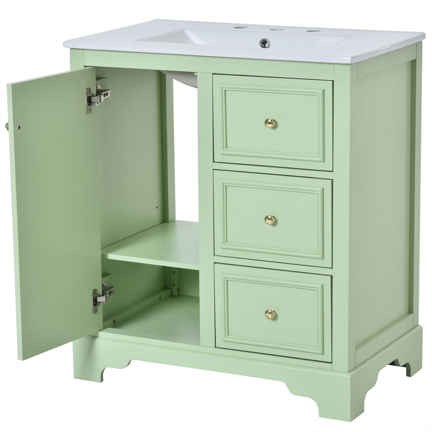 Bathroom Vanity Cabinet With Ceramic Basin, 3 Drawers And Adjustable Shelves - Green