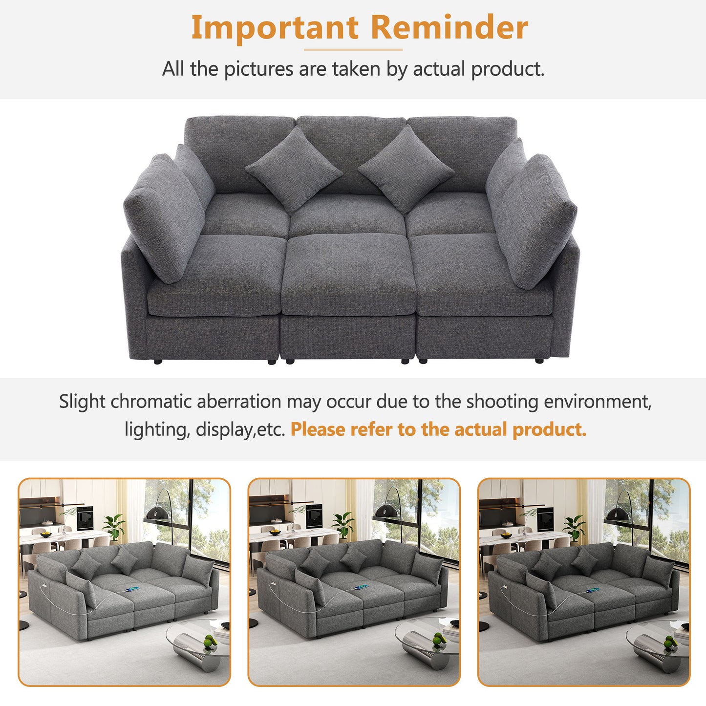 Sectional Sofa Modular Sofa U - Shaped Sofa Couch Sofa Bed L - Shaped Sofa With A Movable Ottoman And Two USB Ports For Living Room - Gray