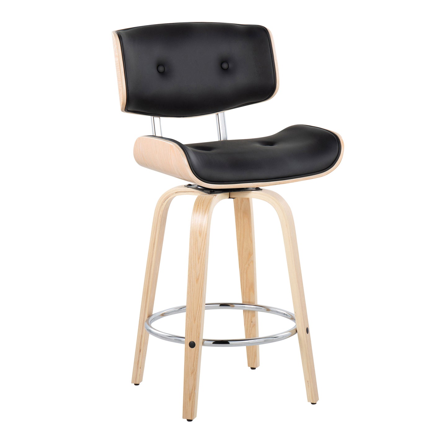 Lombardi - Mid-Century Modern Fixed Height Counter Stool With Swivel With Round Footrest (Set of 2) - Natural / Black