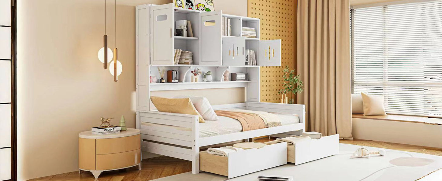 Twin Size Daybed With 2 Drawers And All In One Cabinet And Shelf - White