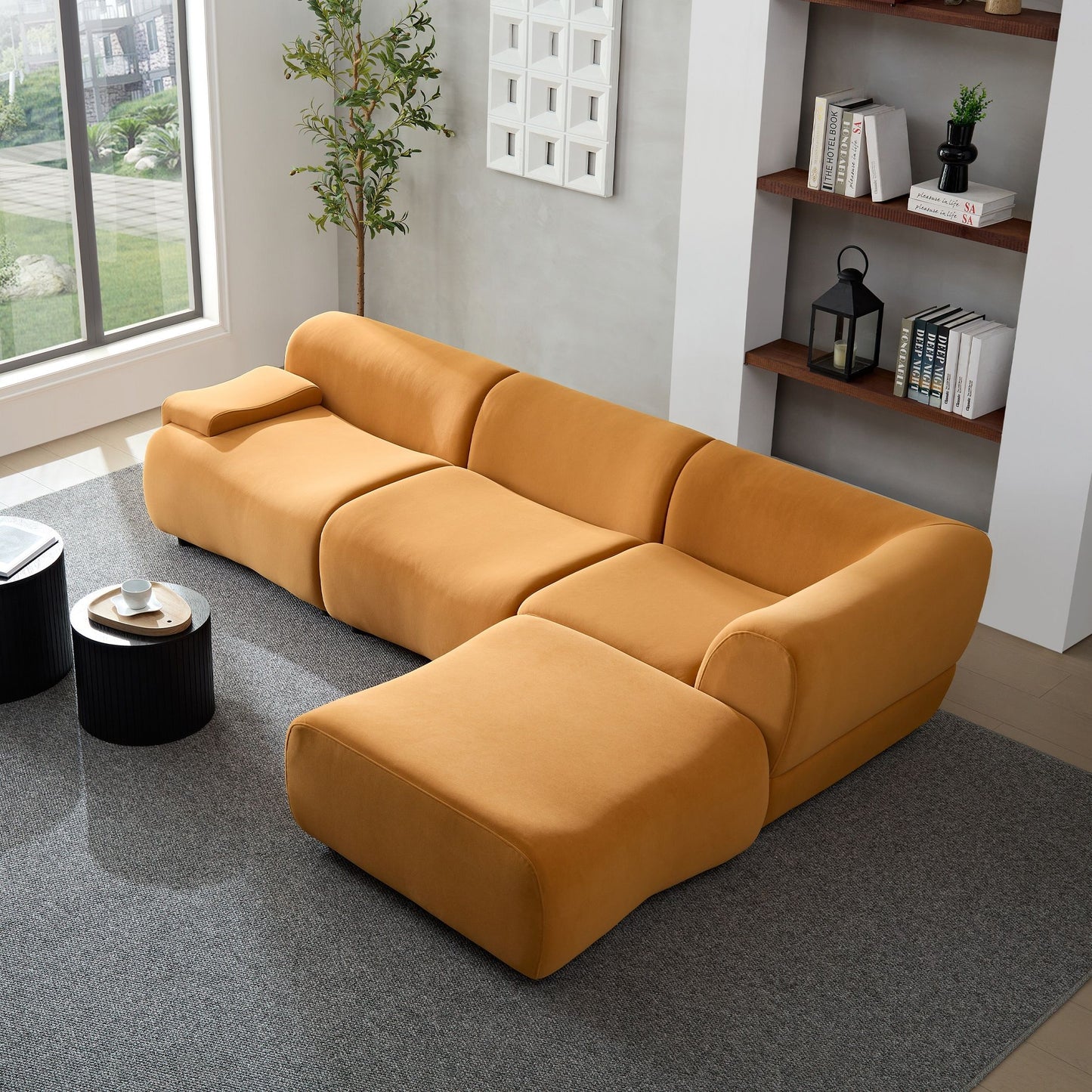 Sectional Sofa With Durable Fabric And High Density Sponge, Solid Wood Frame, 4 Seats - Orange