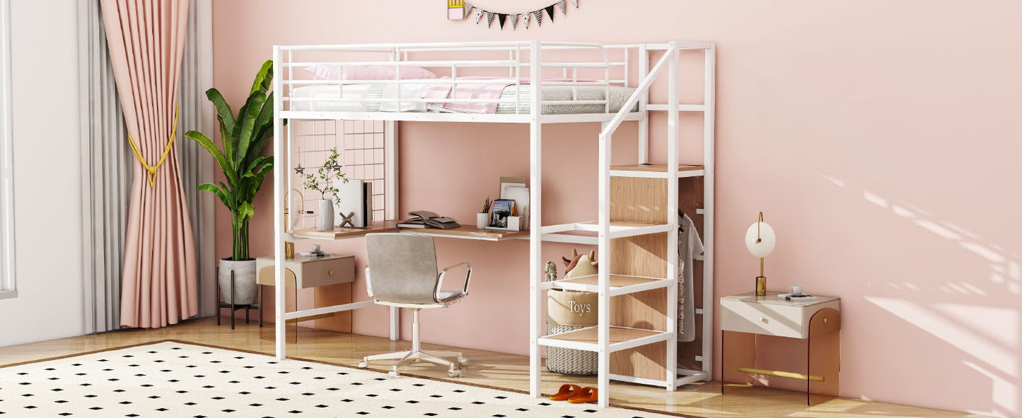 Twin Size Loft Bed With Desk And Grid, Stylish Frame With Lateral Storage Ladder And Wardrobe - White