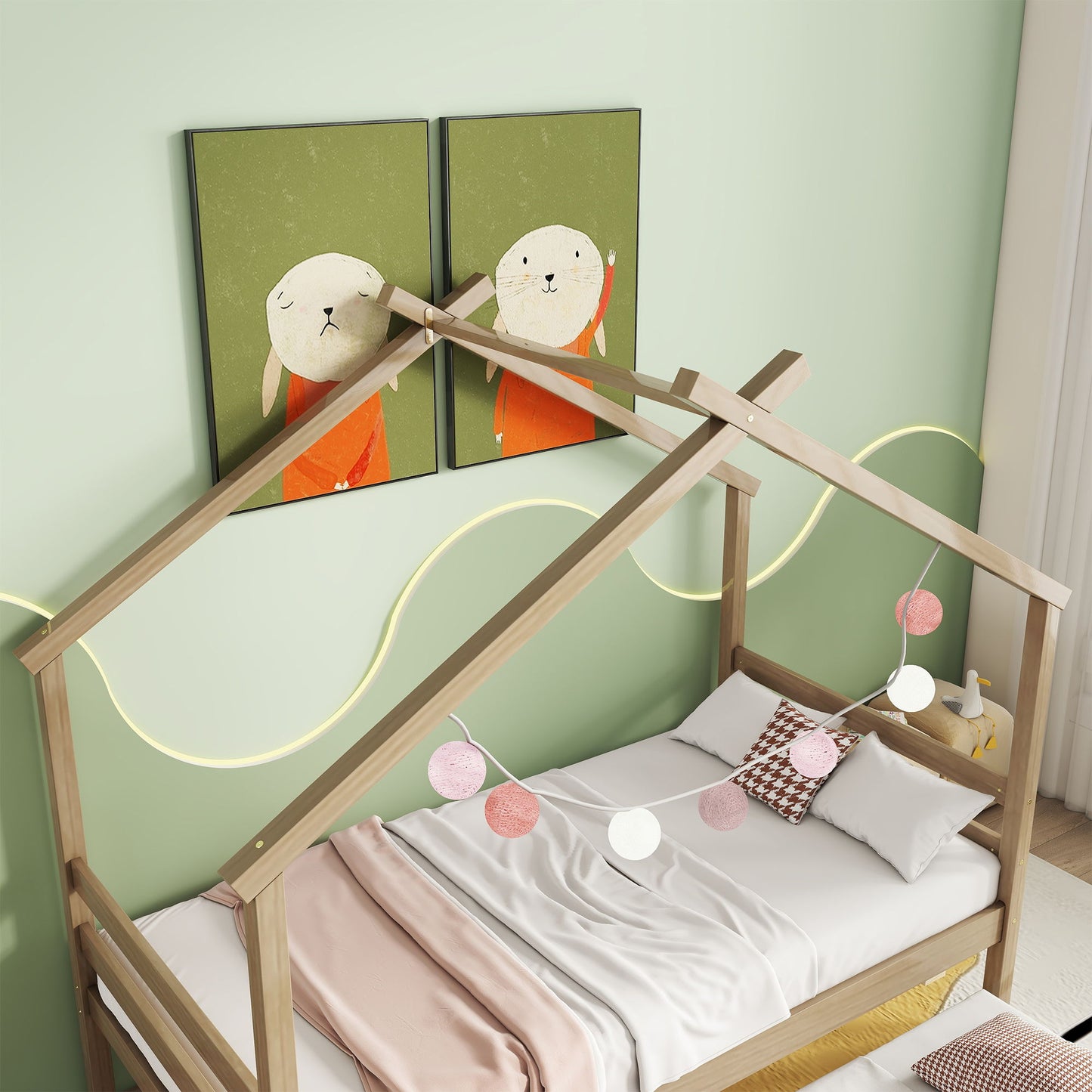 Twin Size House-Shaped Bed With Trundle - Natural