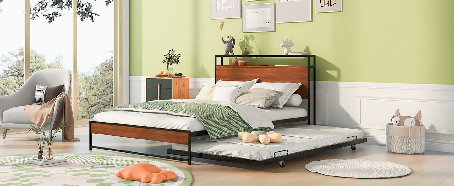 Full Size Platform Bed Frame With Trundle, USB Ports And Slat Support,No Box Spring Needed - Black