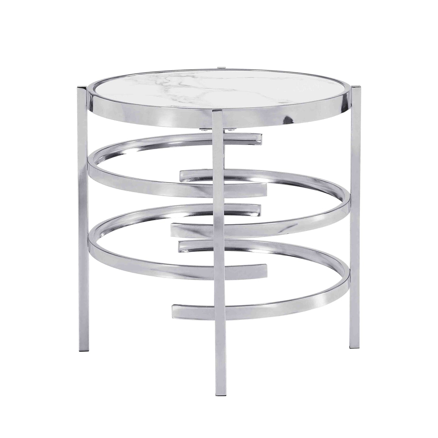 Modern Round End Table With Sintered Stone Top For Living Room - Chrome / Silver
