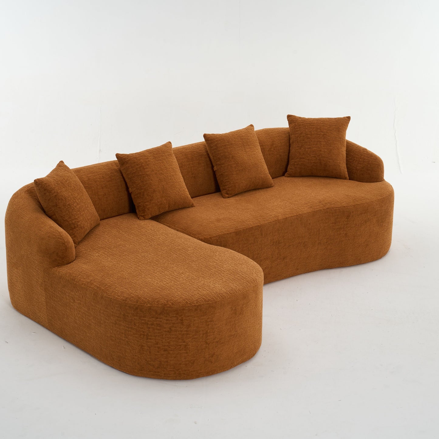 Compression Sofa: Combining Chaise Longue With 3 Seater, Wood Grain Chenille Fabric, Full Sponge Compression Sofa, Combined Sofa With 4 Pillows For Living / Home Furniture / Apartment - Orange