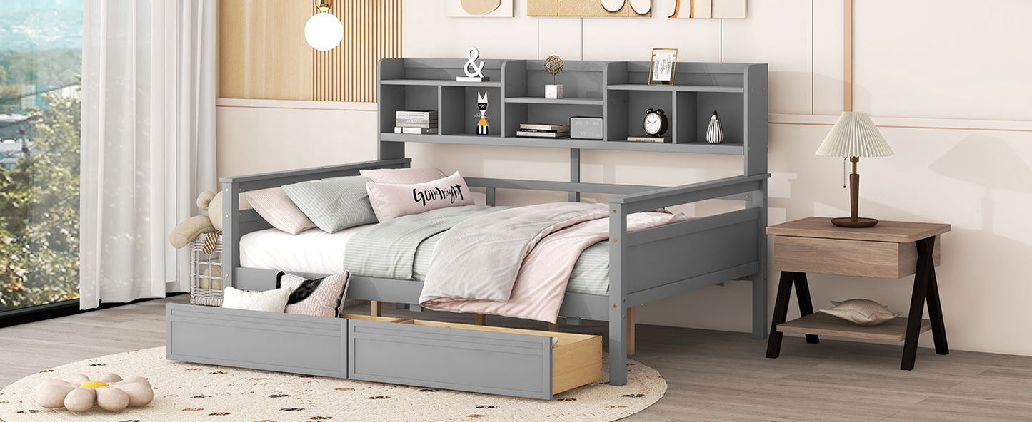 Full Size Daybed, Slat Support, With Bedside Shelf And 2 Drawers - Gray