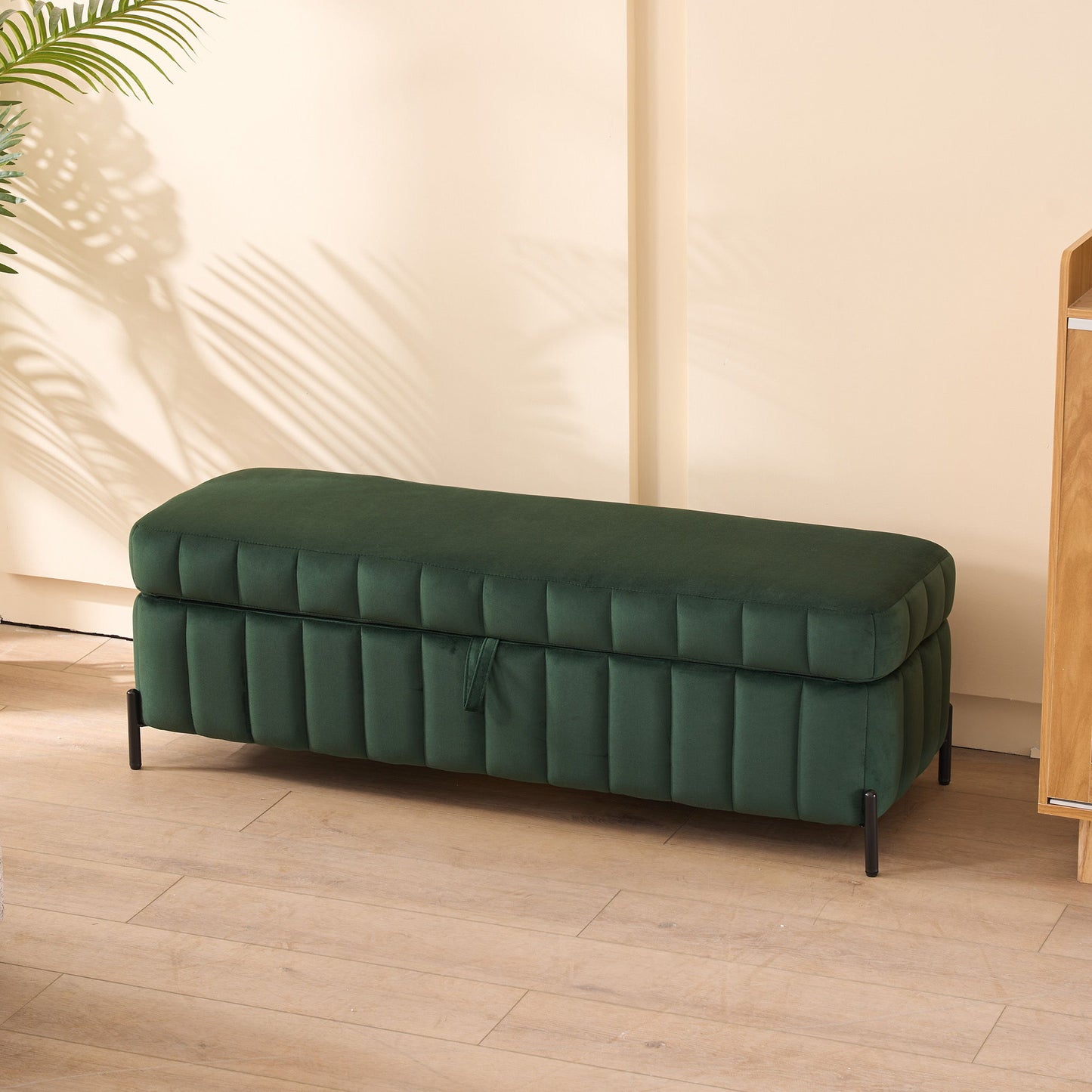 Wide Upholstered Velvet Storage Soft Bench Footstool Ottoman End Of Bed With Metal Legs, Foot Rest For Living Room, Entryway And Bedroom - Green