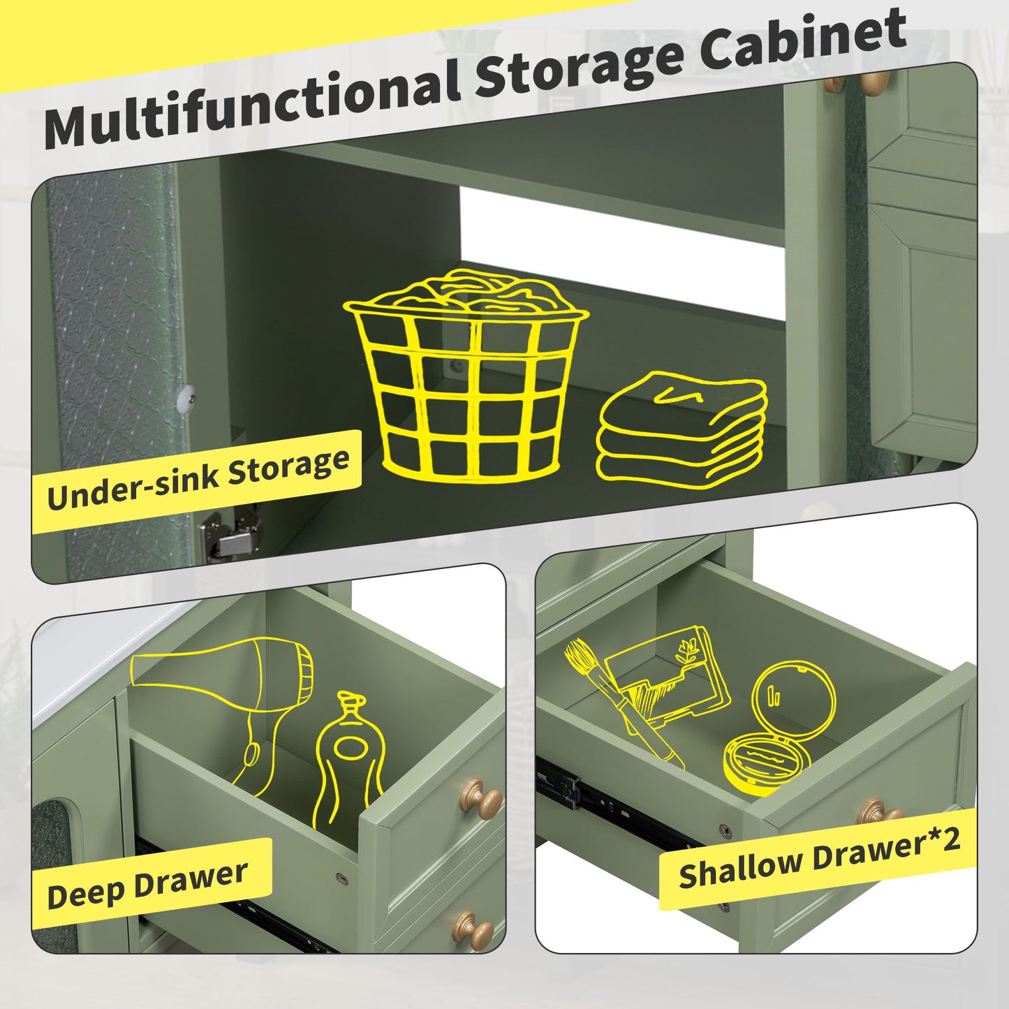 Bathroom Vanity With Two Soft Close Doors, Adjustable Shelves And Three Drawers - Green
