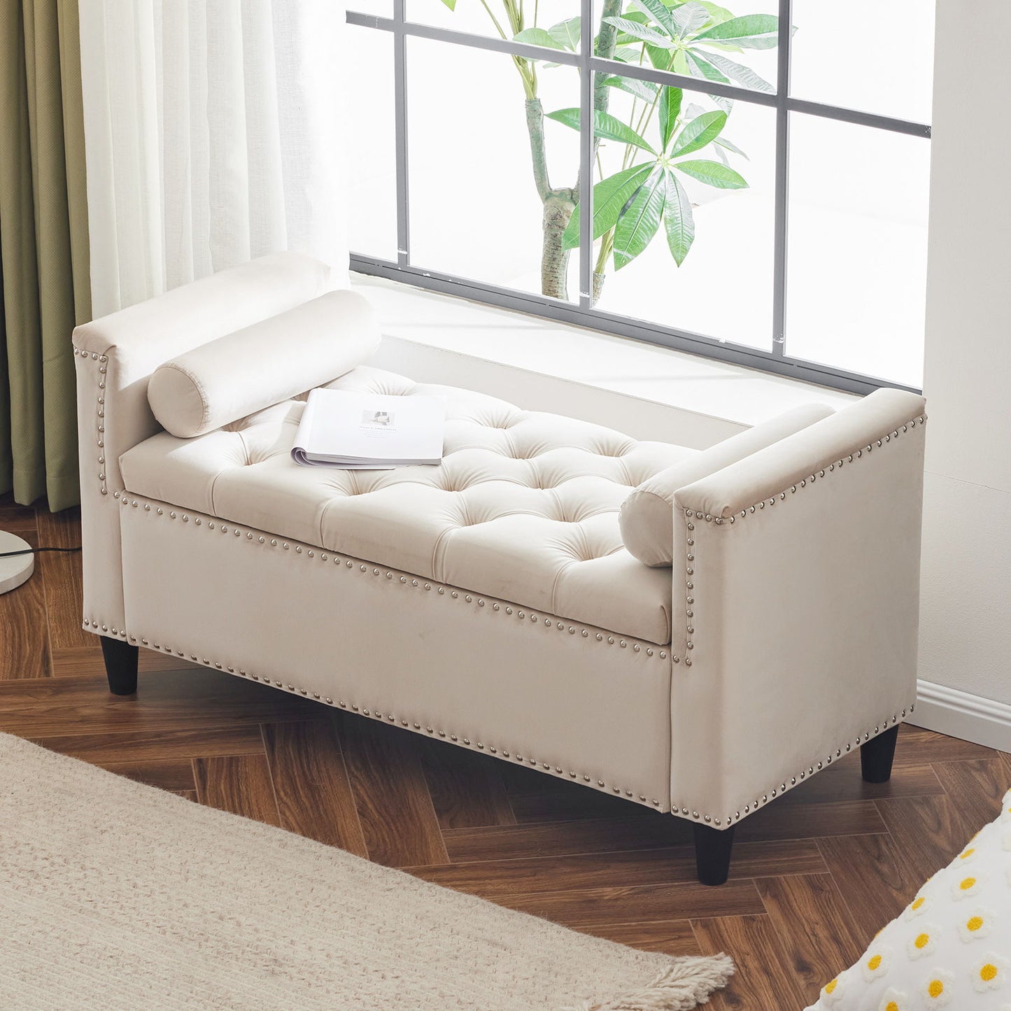 Storage Bench, Queen Velvet Button Bedside Bench, Entryway Living Room With Armrests, Nailhead Trim, Upholstered Bedroom Bench, Bedside Ottoman, Living Room, Entryway - Cream