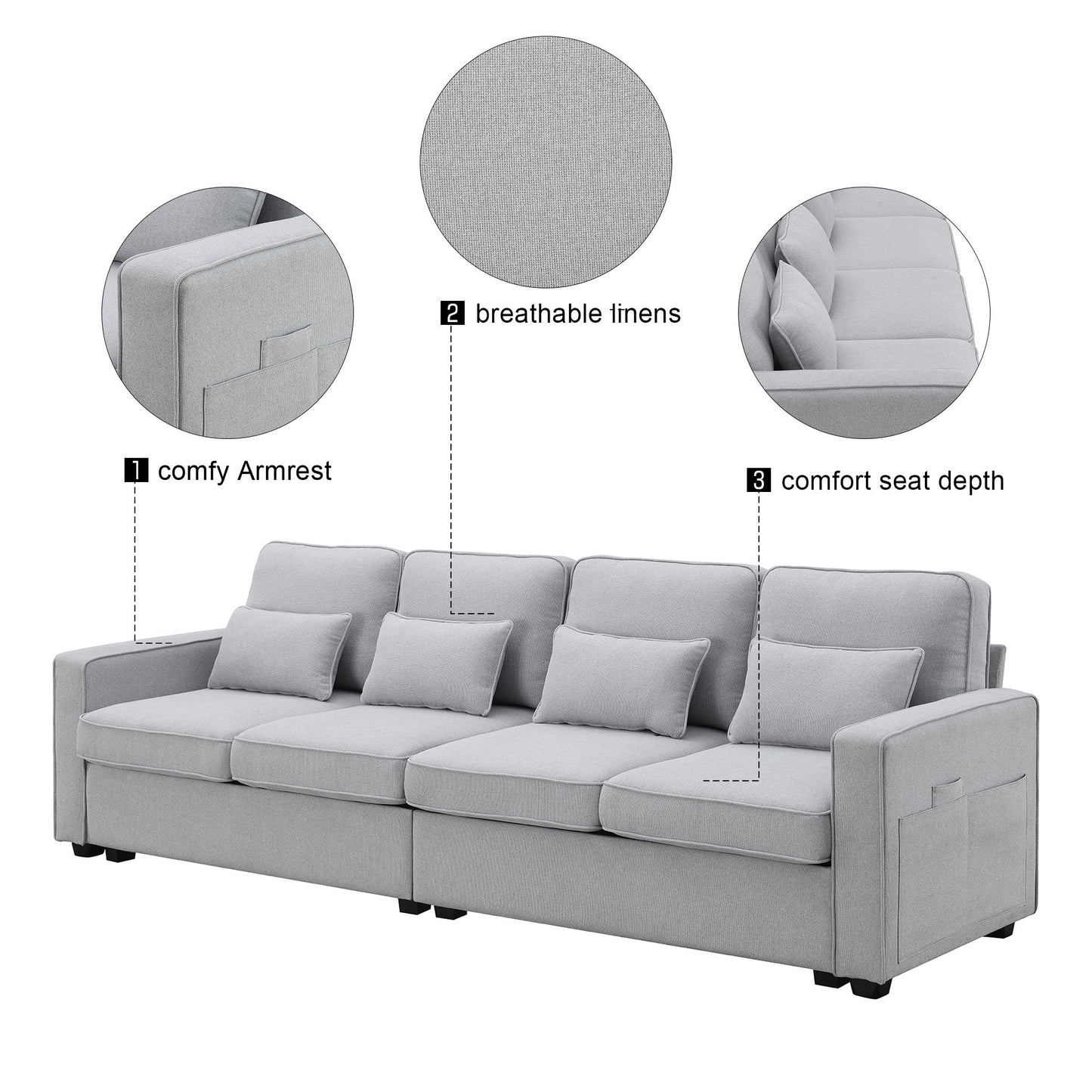 4 Seater Modern Linen Sofa With Armrest Pockets And 4 Pillows, Minimalist Style Couch - Light Gray