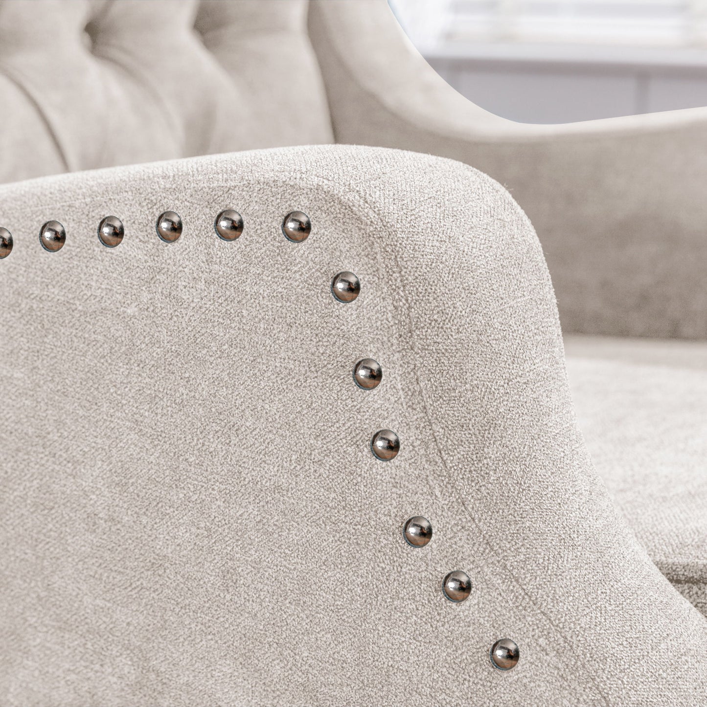Accent Chair, Living Room Chair, Footrest Chair Set With Vintage Brass Studs, Button Tufted Upholstered Armchair For Living Room, Comfy Reading Chair For Bedroom, Reception Room - Beige