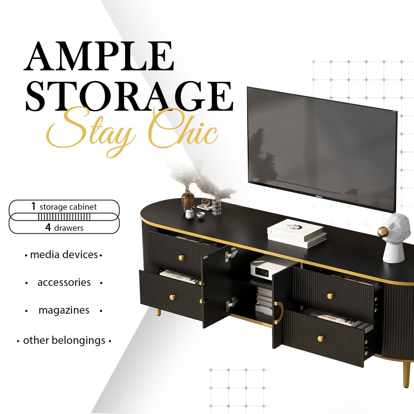 Modern TV Stand For TVs Up To 80", Entertainment Center With 4 Drawers And 1 Cabinet, Wood TV Console Table With Handles For Living Room - Black