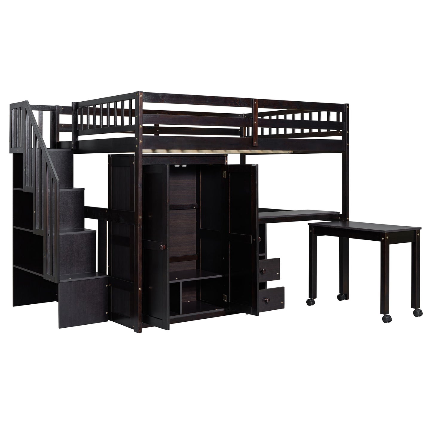 Full Size Loft Bed With Stairs, Bookshelf, Drawers, Desk & Wardrobe, Space Saving Multifunctional Furniture - Espresso