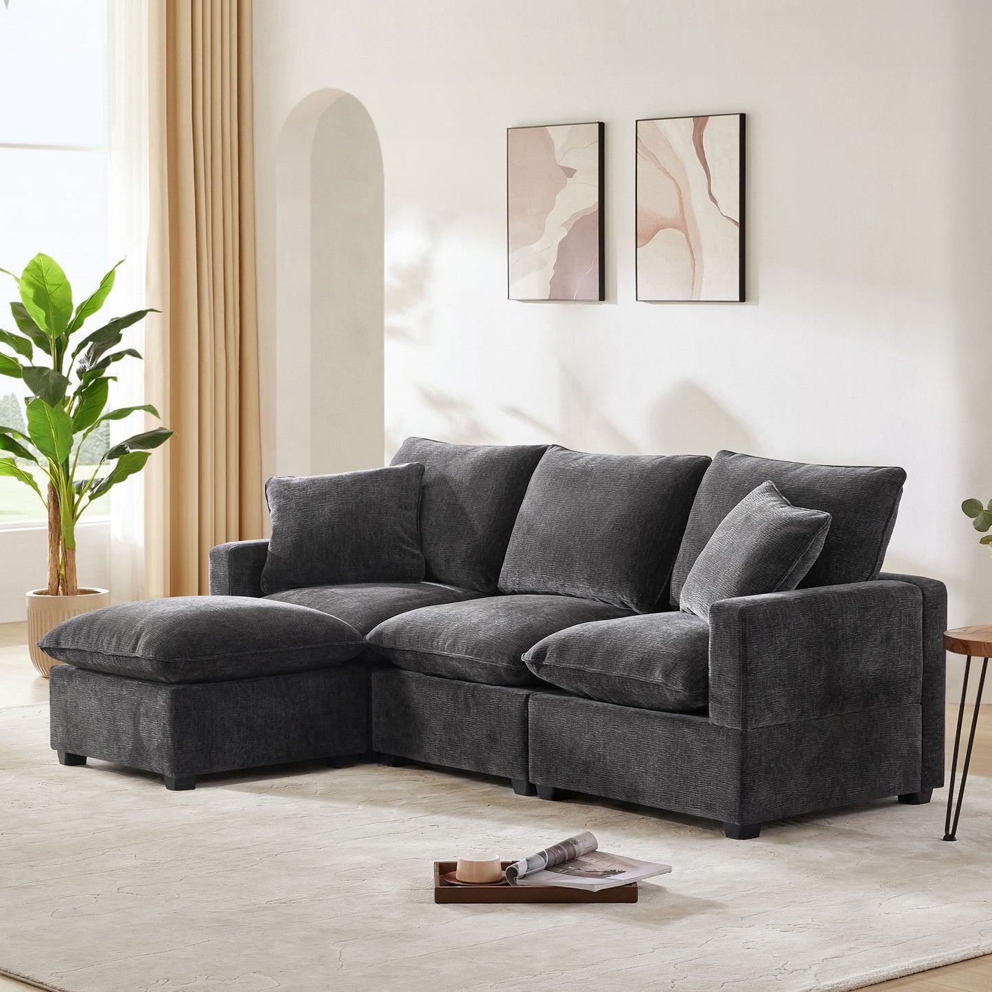 Modern, Modular Sofa, 4 Seat Chenille Sectional Couch Set With 2 Pillows Included, Freely Combinable Indoor Funiture - Black / Gray