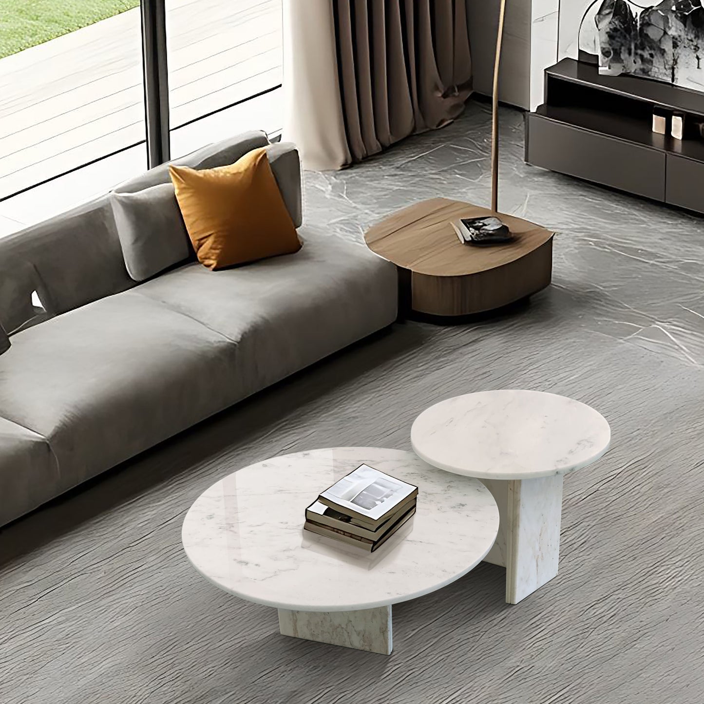 Luxury Snow Mountain Marble Coffee Table Set With Metal Base, Small Living Room Tables - White / Natural