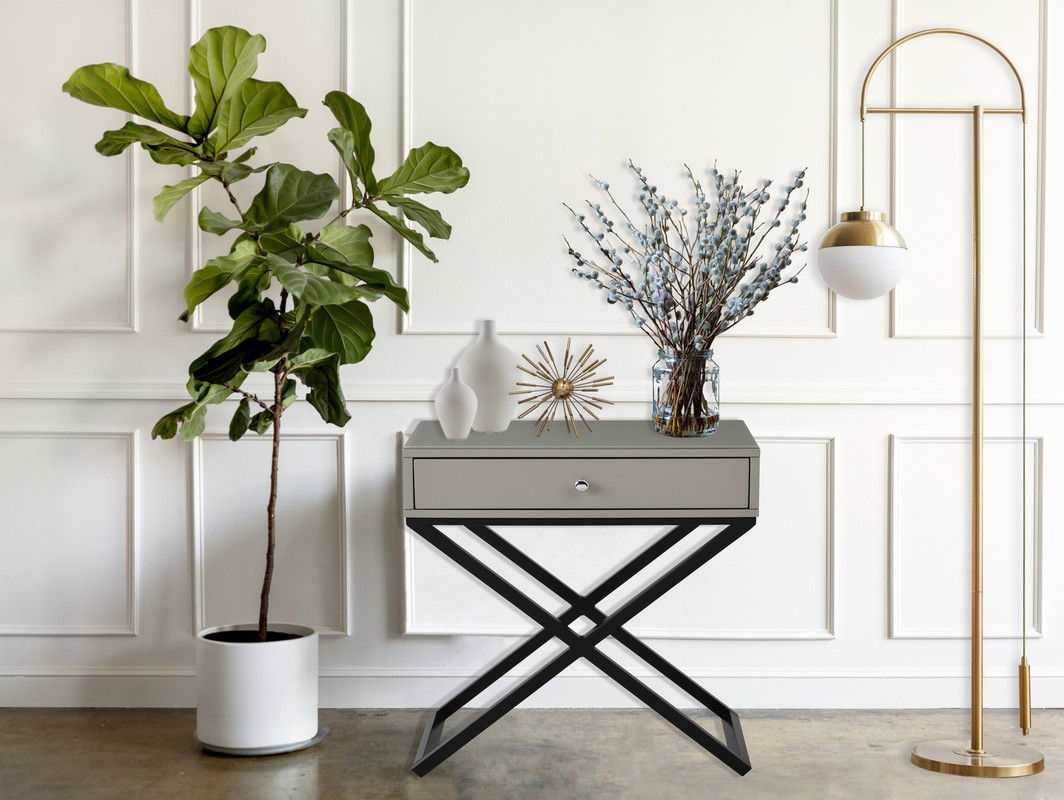 Koda - Wooden End Side Table Nightstand With Glass Top, Drawer And Metal Cross Base - Taupe