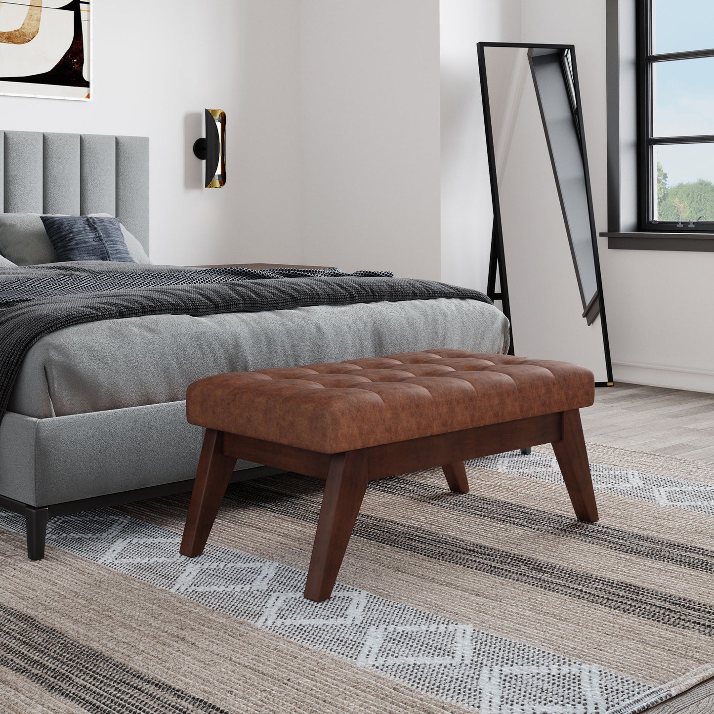 Draper - Mid Century Tufted Ottoman Bench - Distressed Saddle Brown