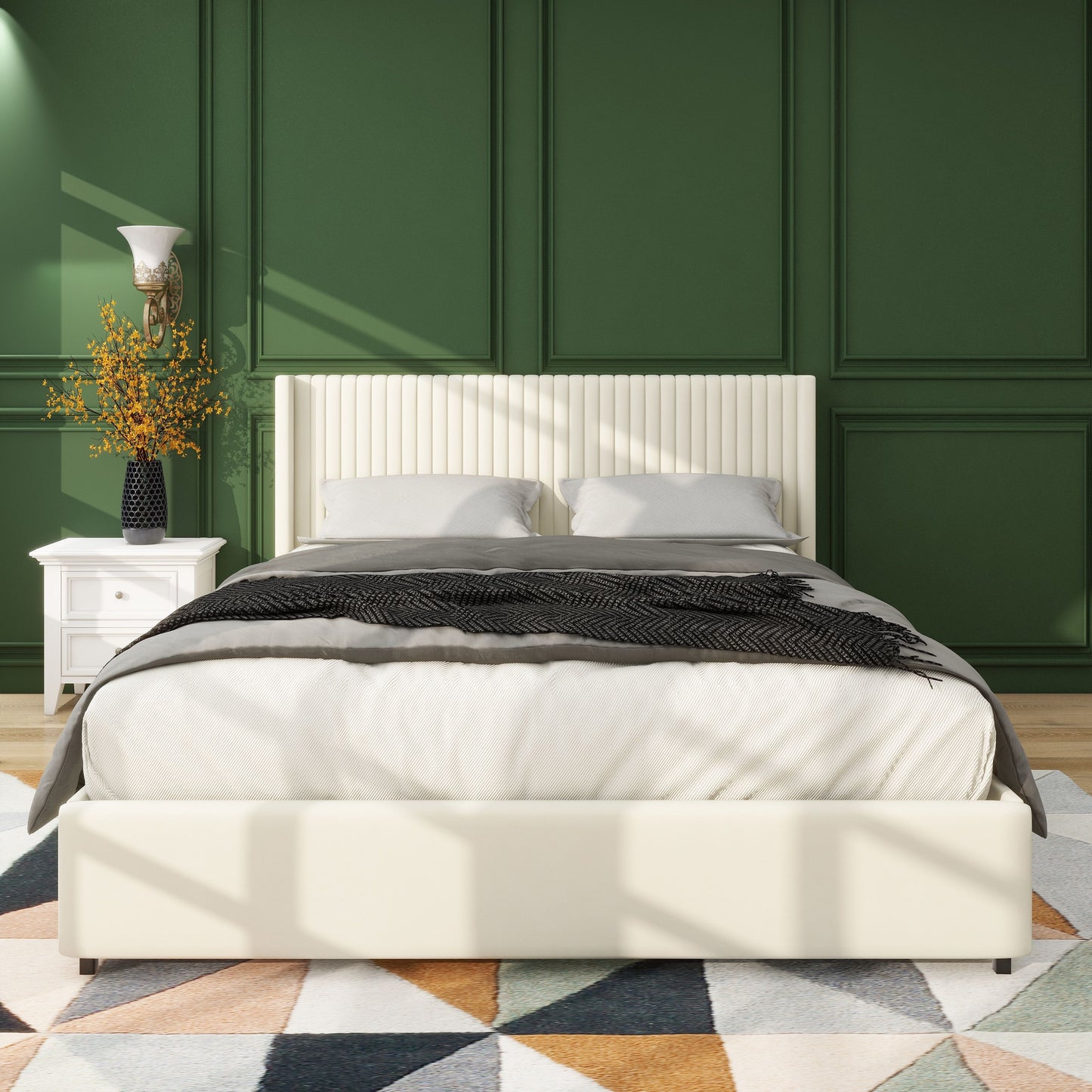 Anna - Queen Patented 2 Drawer Storage Bed, Upholstered Wingback - Ivory Velvet