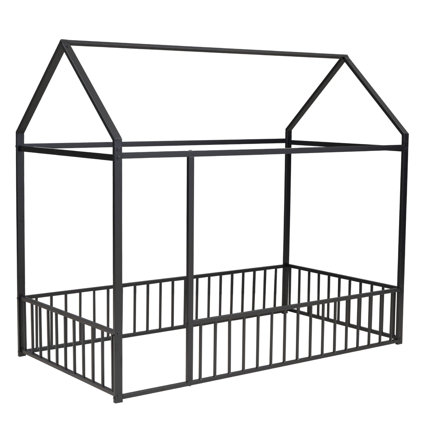Twin Size Bed House Bed Frame With Fence - Black