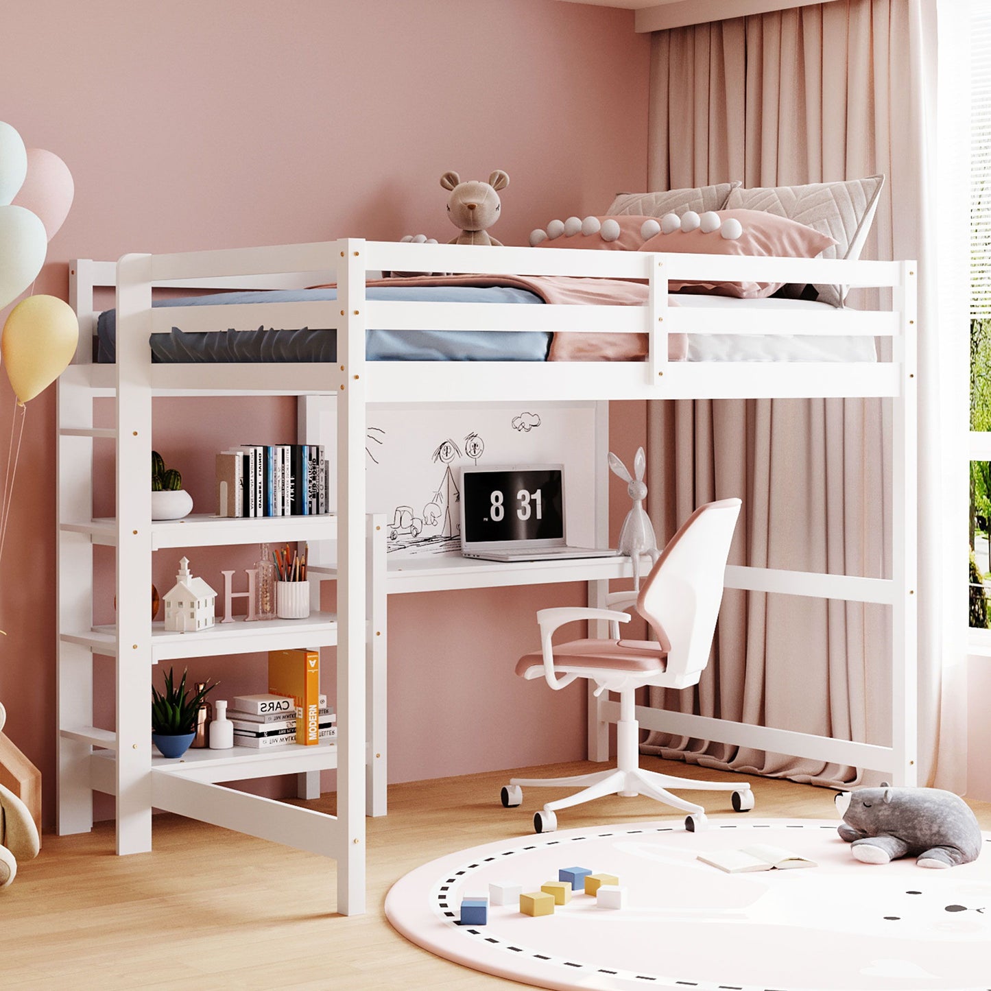 Full Size Loft Bed With Shelves, Desk And Writing Board - White
