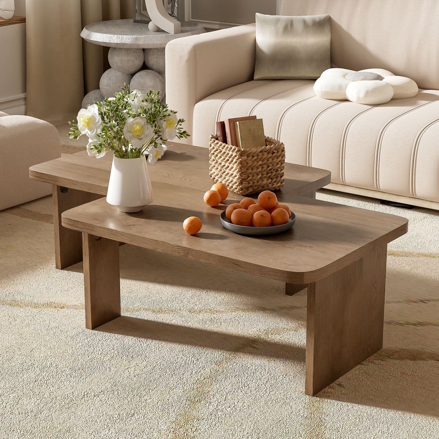 Modern Minimalist Coffee Table Set, Rectangle Coffee Table With Splicing Design, Multifunctional Combination Table For Living Room - Natural