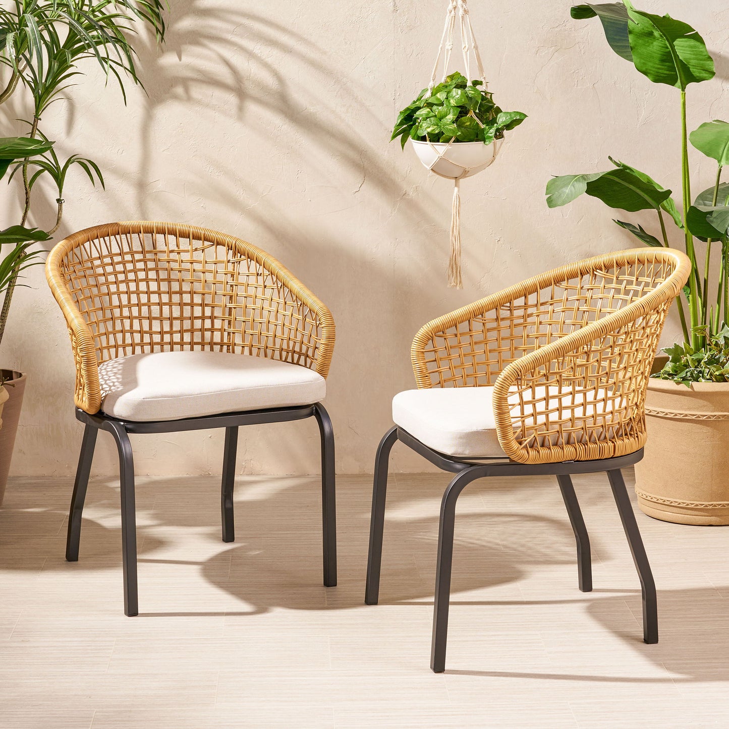 Outdoor Wicker Chair With Powder Coated Iron Legs - Light Brown
