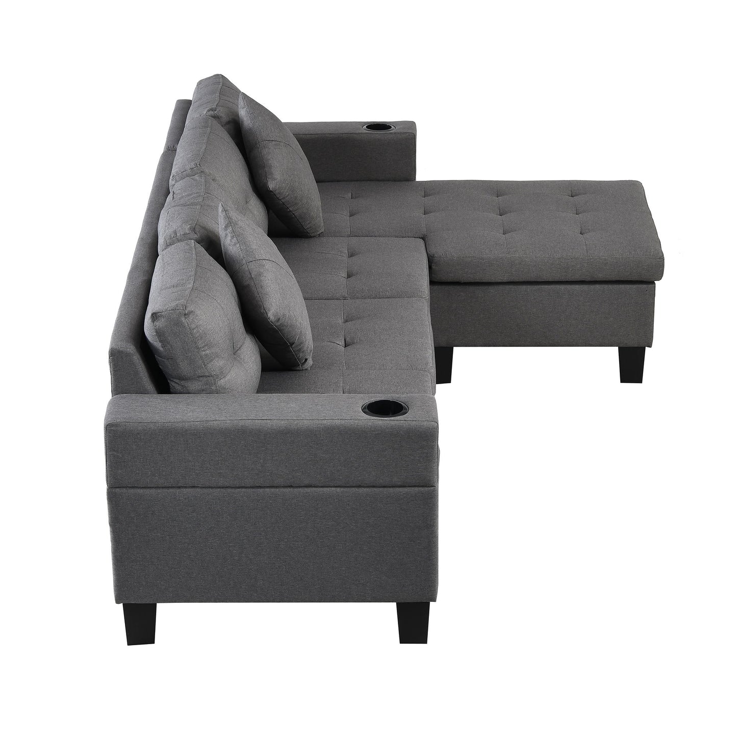 Sectional Sofa Set For Living Room With L Shape Chaise Lounge, Cup Holder And Left Or Right Hand Chaise Modern 4 Seat - Gray